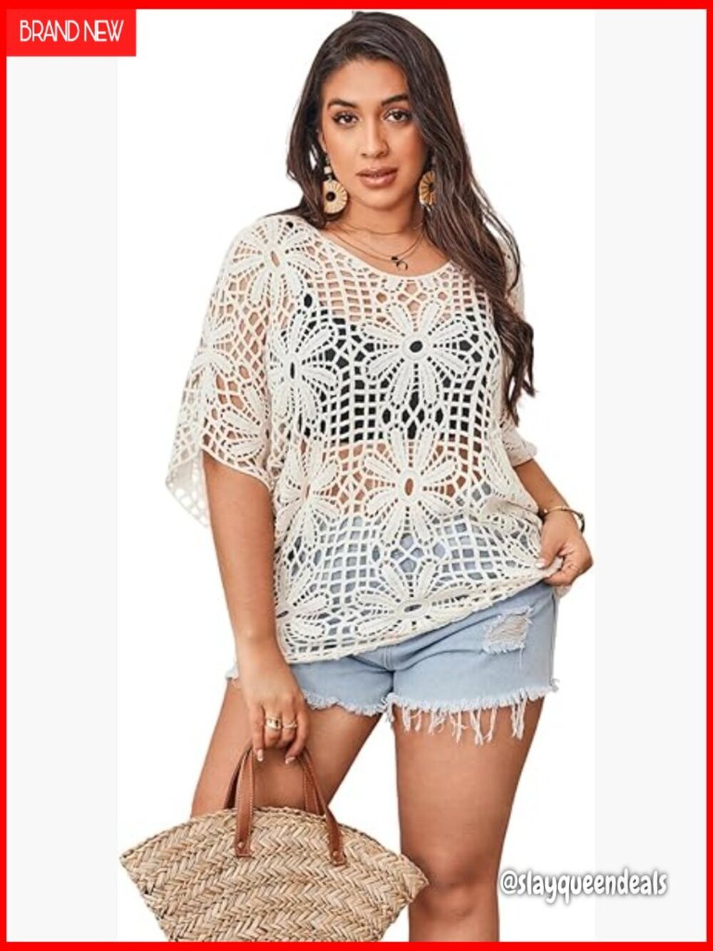Plus Size Floral Crochet Sweater Hollow Out Boat Neck Dolman Sleeve Top